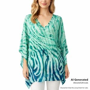 Jones NY L Green Kaftan Tunic Top Batwing Resort Cover Up